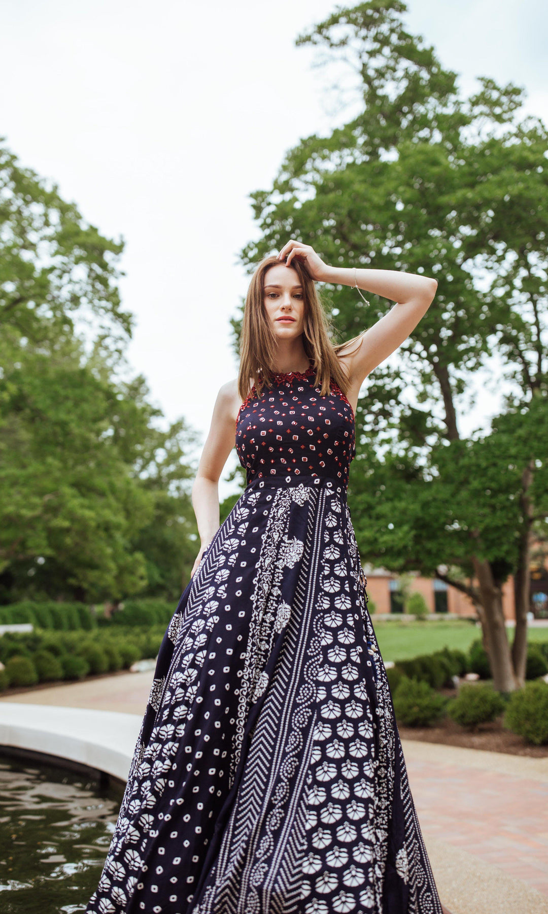 Aqua Printed Gown with Mirror and Resham Embroidery on Torso-Raas USA