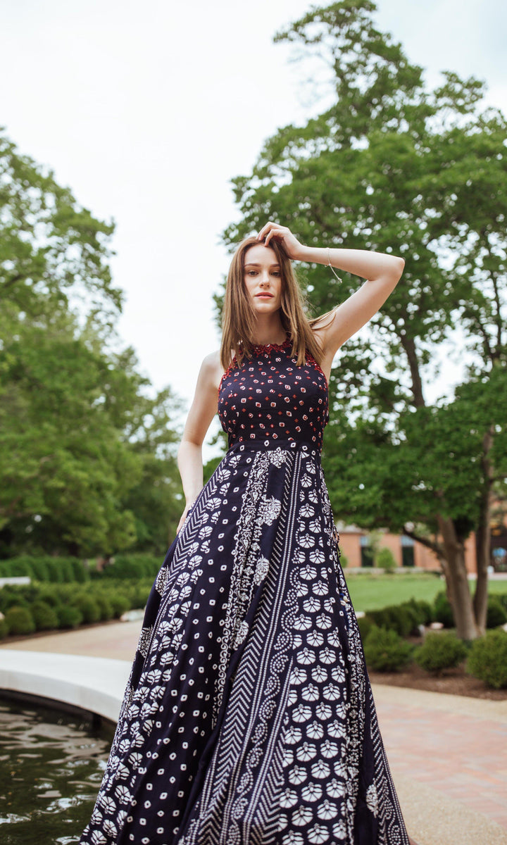 Aqua Printed Gown with Mirror and Resham Embroidery on Torso-Raas USA