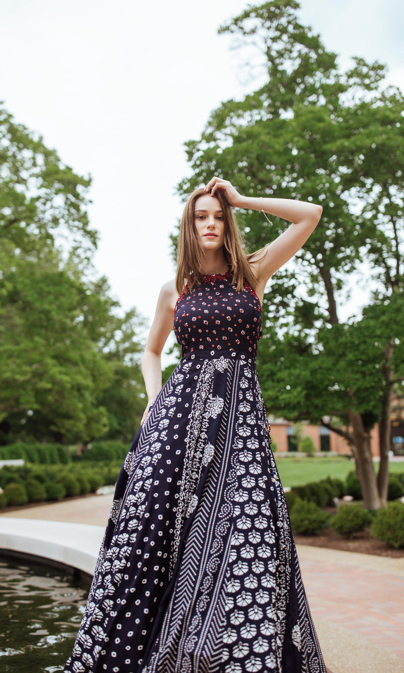 Aqua Printed Gown with Mirror and Resham Embroidery on Torso ANARKALI & GOWN RAAS
