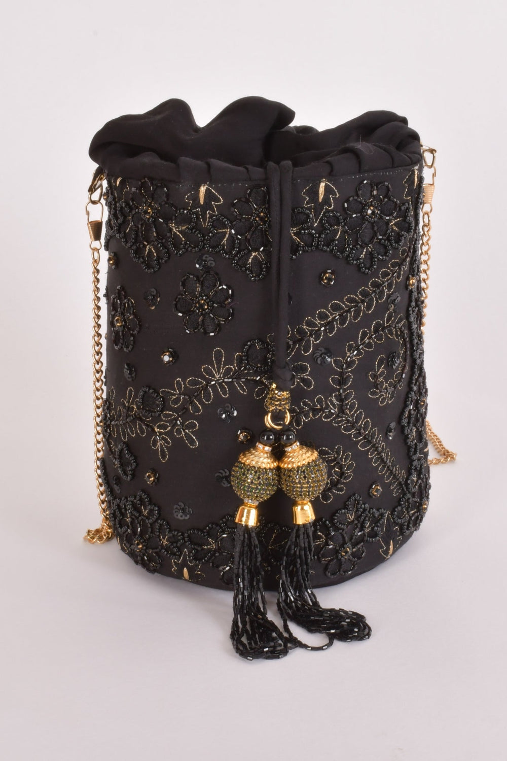 Aria Black & Gold Embroidered Bucket Bag BAGS RAAS
