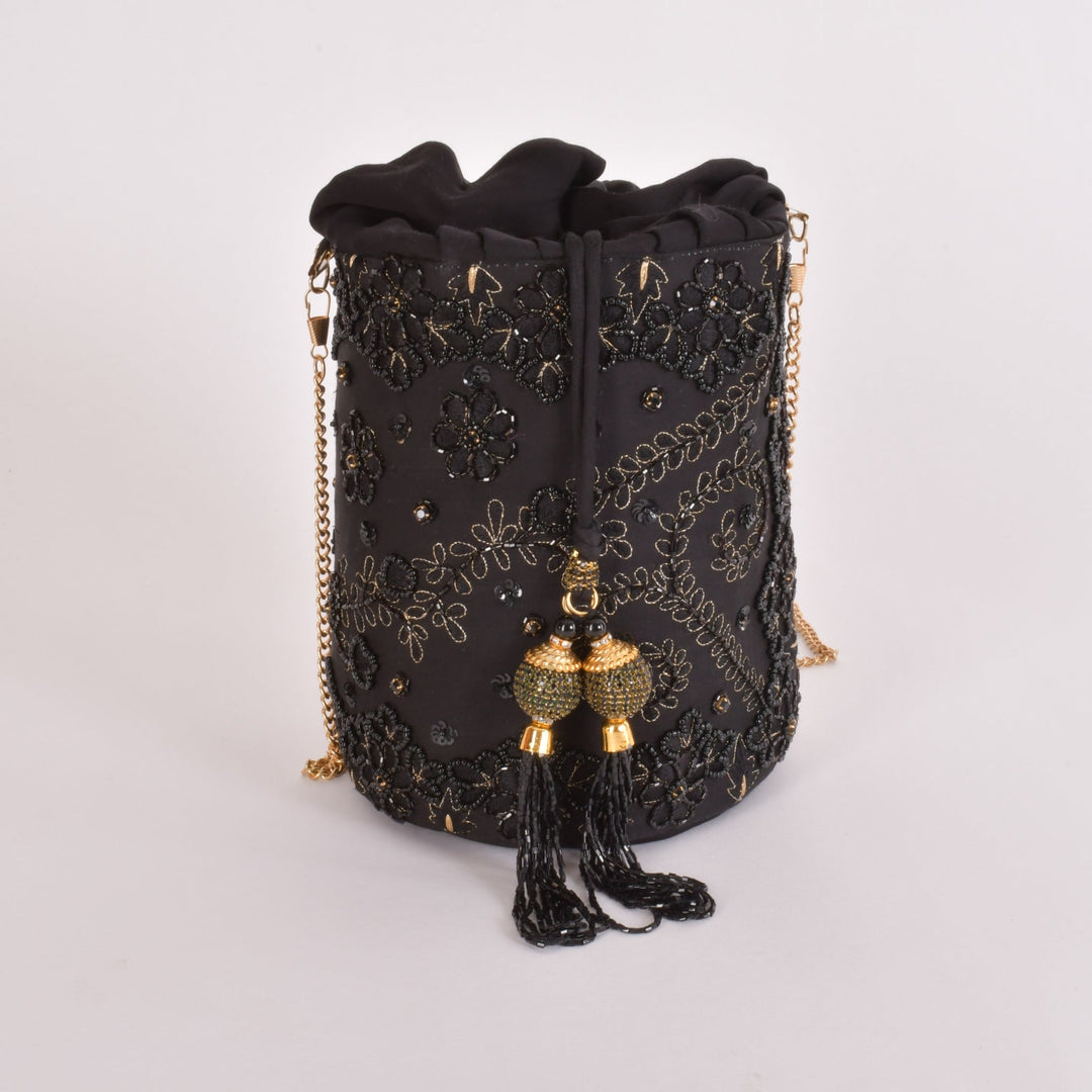 Aria Black & Gold Embroidered Bucket Bag-Raas USA