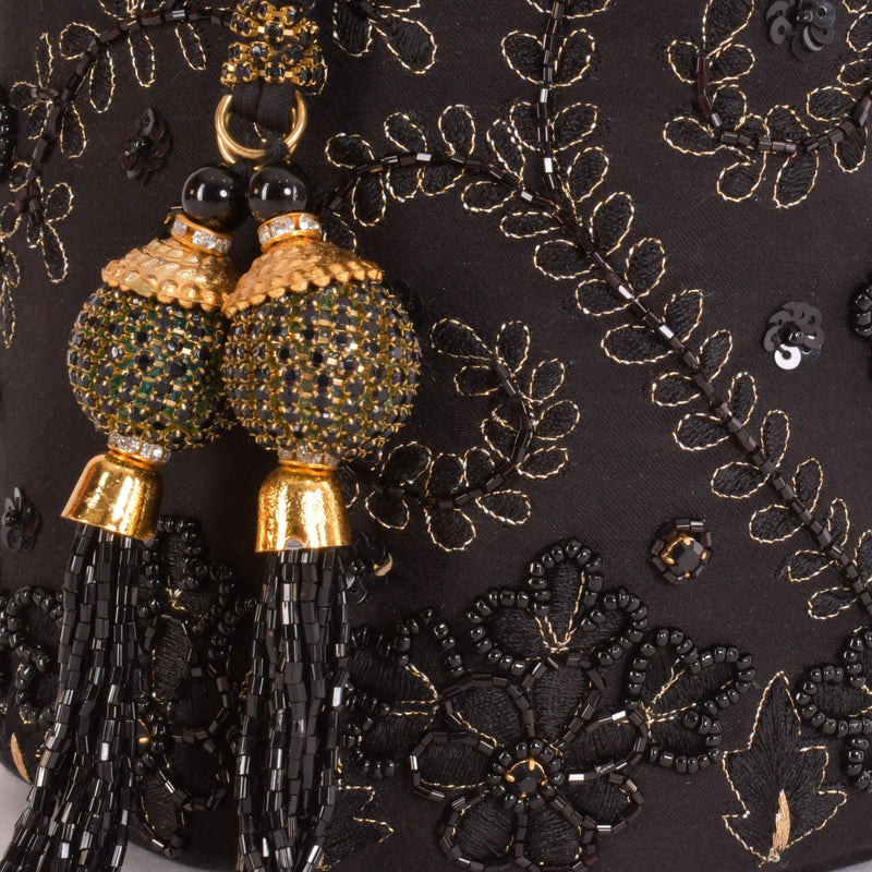 Aria Black & Gold Embroidered Bucket Bag BAGS RAAS