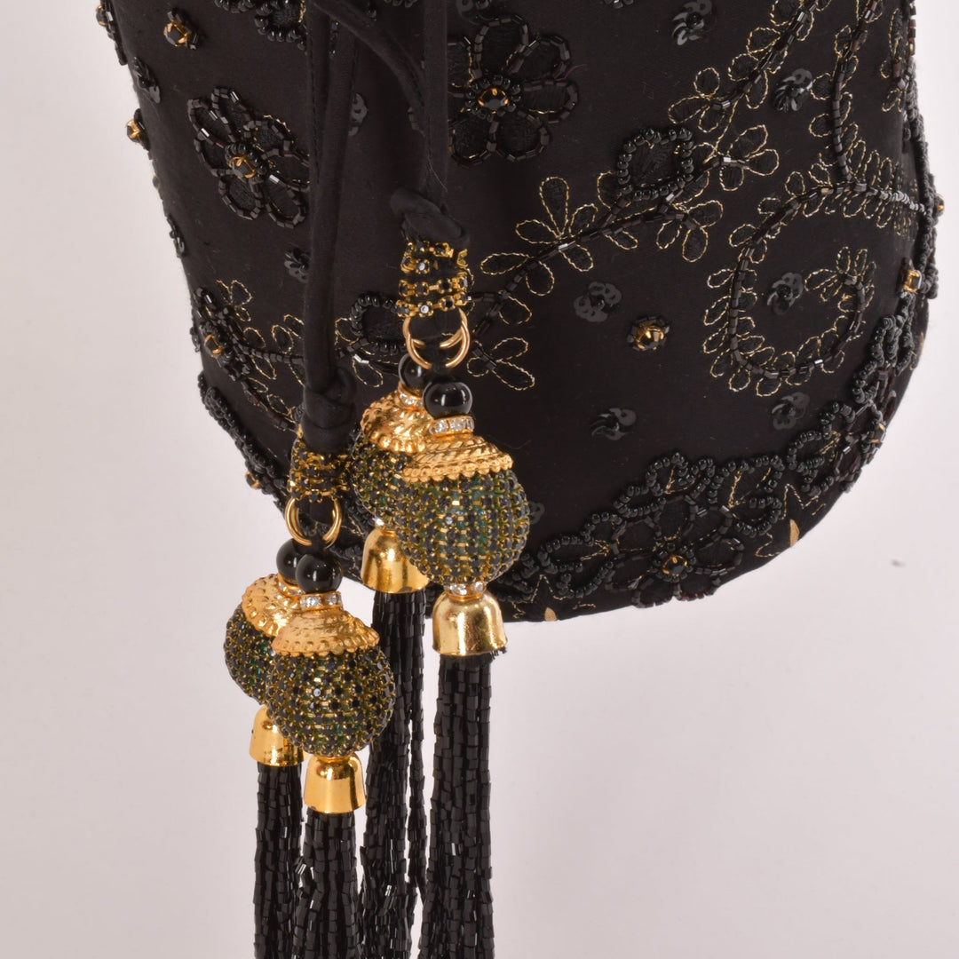Aria Black & Gold Embroidered Bucket Bag-Raas USA