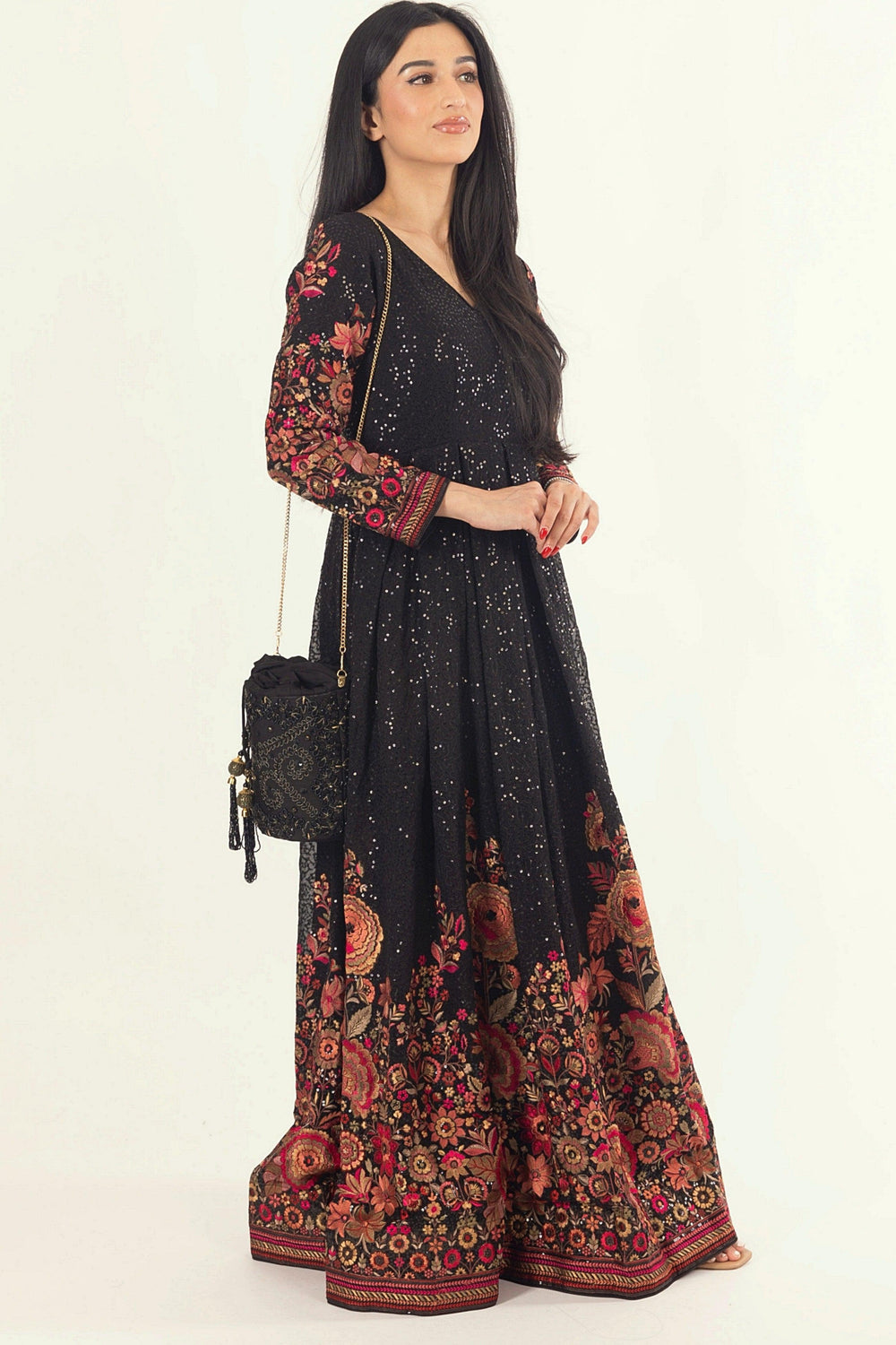Aria Black & Gold Embroidered Bucket Bag BAGS RAAS