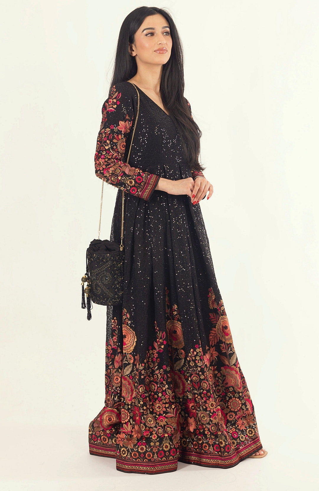 Aria Black & Gold Embroidered Bucket Bag-Raas USA