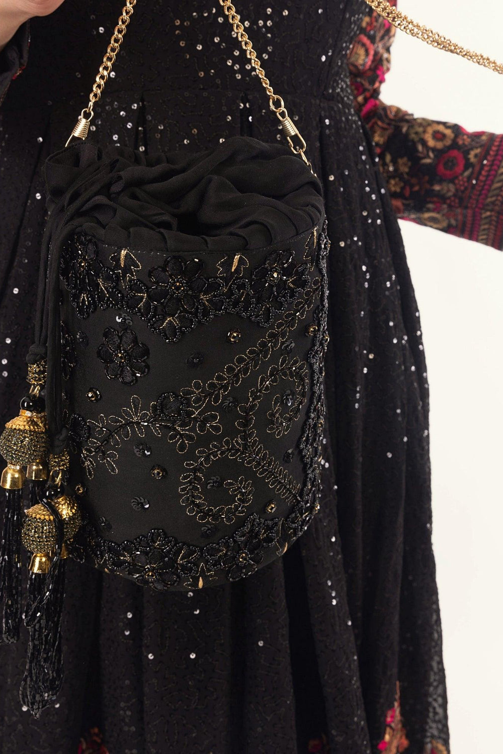 Aria Black & Gold Embroidered Bucket Bag BAGS RAAS