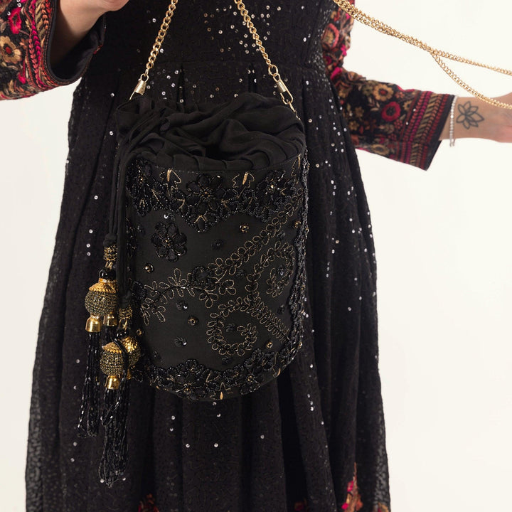 Aria Black & Gold Embroidered Bucket Bag-Raas USA