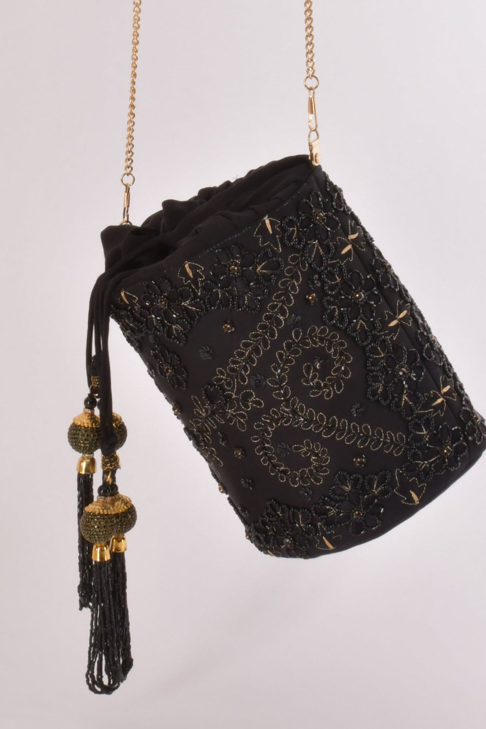 Aria Black & Gold Embroidered Bucket Bag BAGS RAAS