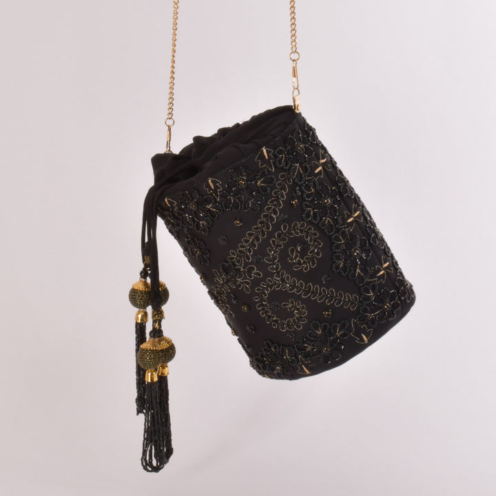 Aria Black & Gold Embroidered Bucket bag