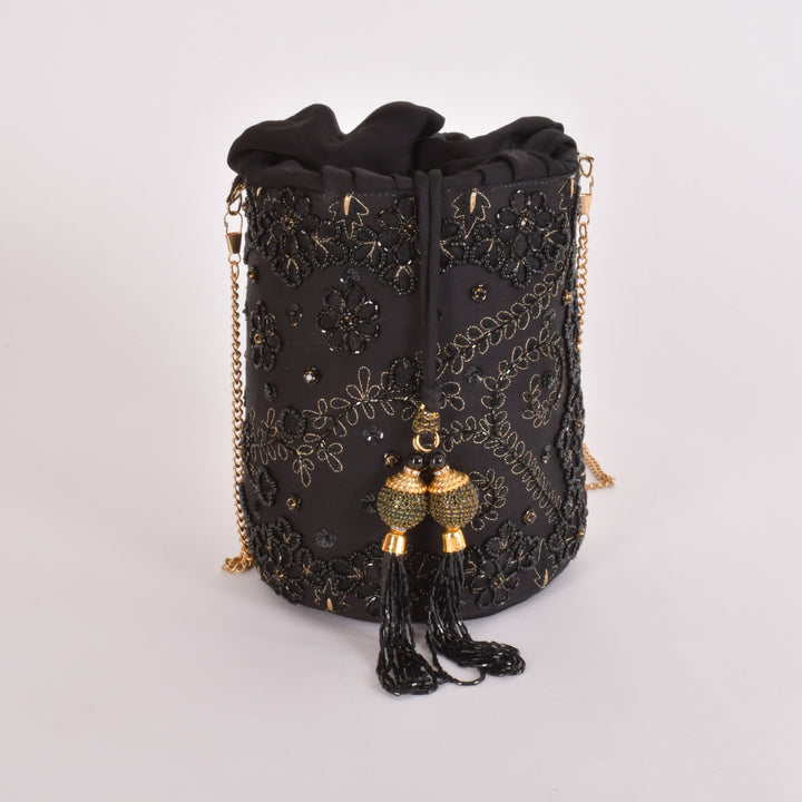 Aria Black & Gold Embroidered Bucket bag