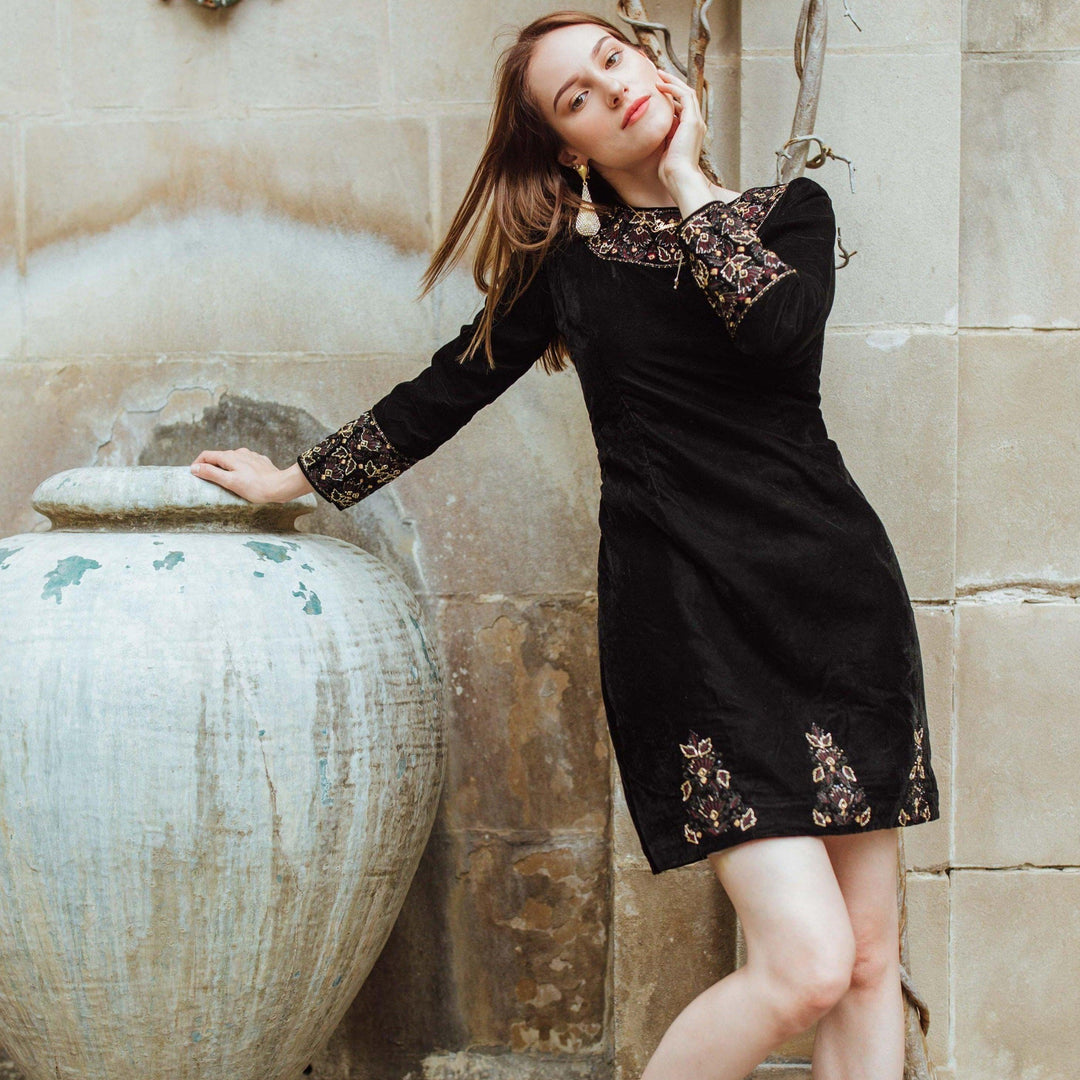 D1055 black dress with hand embroidery-dresses-[Tunics]-[Womens Tops]-[Croptops]