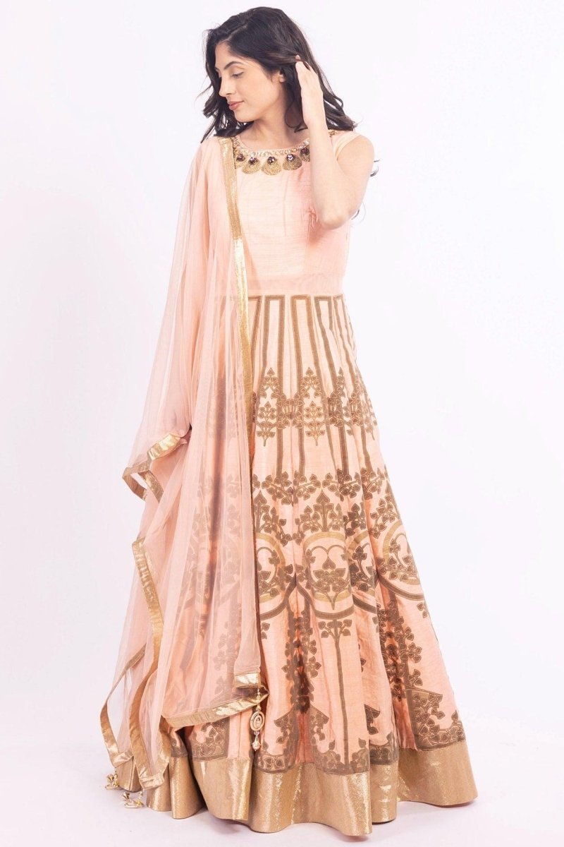 Artemisia Peach and Gold Foil Print Gown