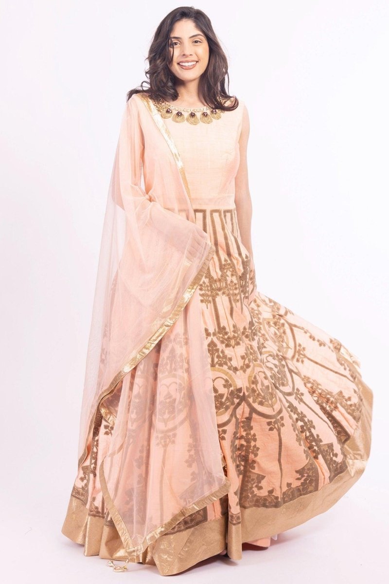 Artemisia Peach and Gold Foil Print Gown