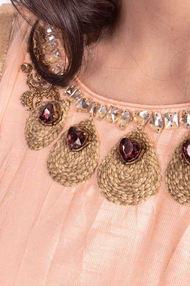 Artemisia Peach and Gold Foil Print Gown