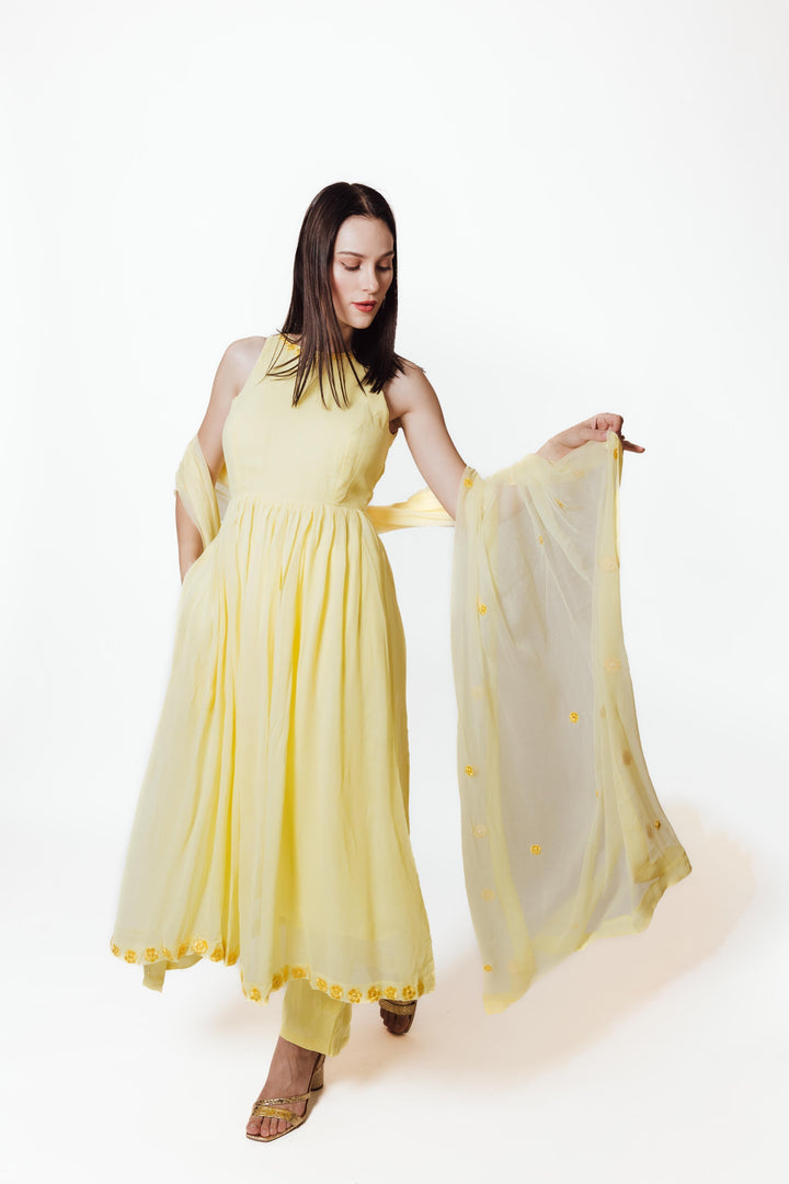 Aveline Yellow Georgette Salwar Kameez with Floral Mirror Trim-Raas