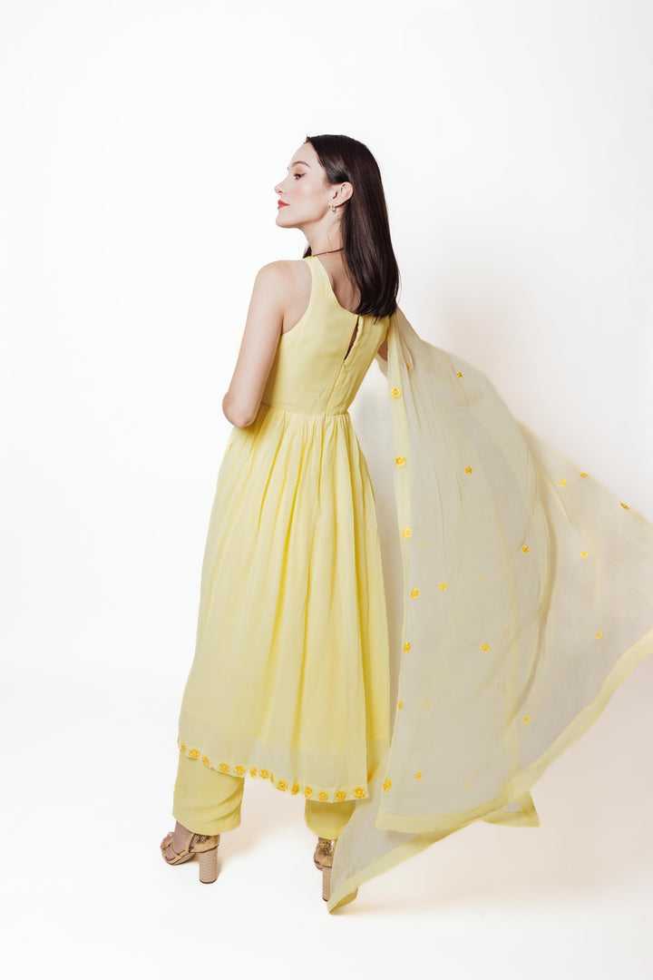 Aveline Yellow Georgette Salwar Kameez with Floral Mirror Trim-Raas