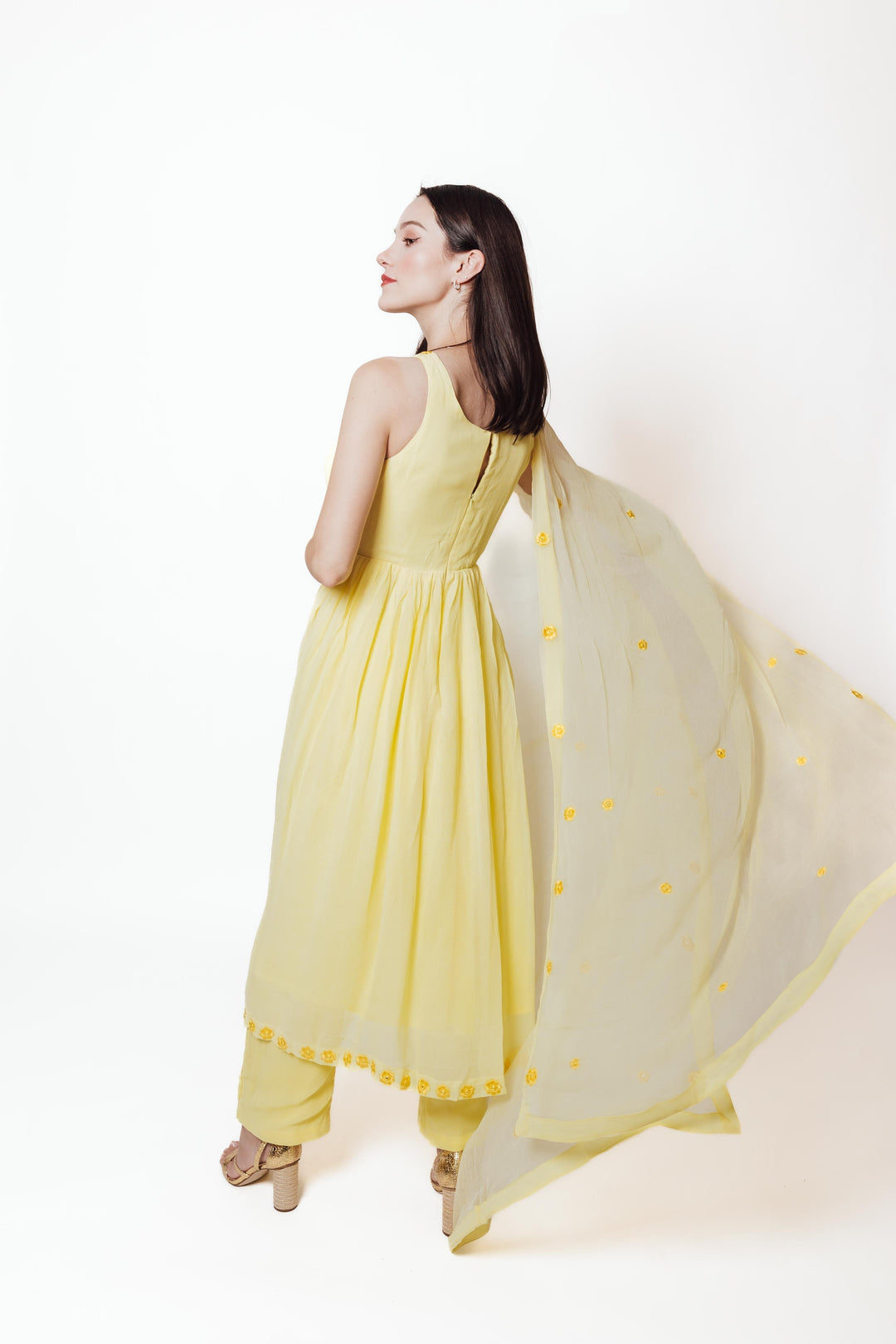 Aveline Yellow Georgette Salwar Kameez with Floral Mirror Trim-Raas USA