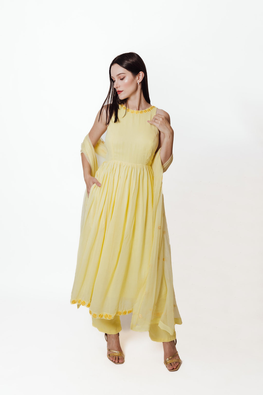 Aveline Yellow Georgette Salwar Kameez with Floral Mirror Trim-Raas USA