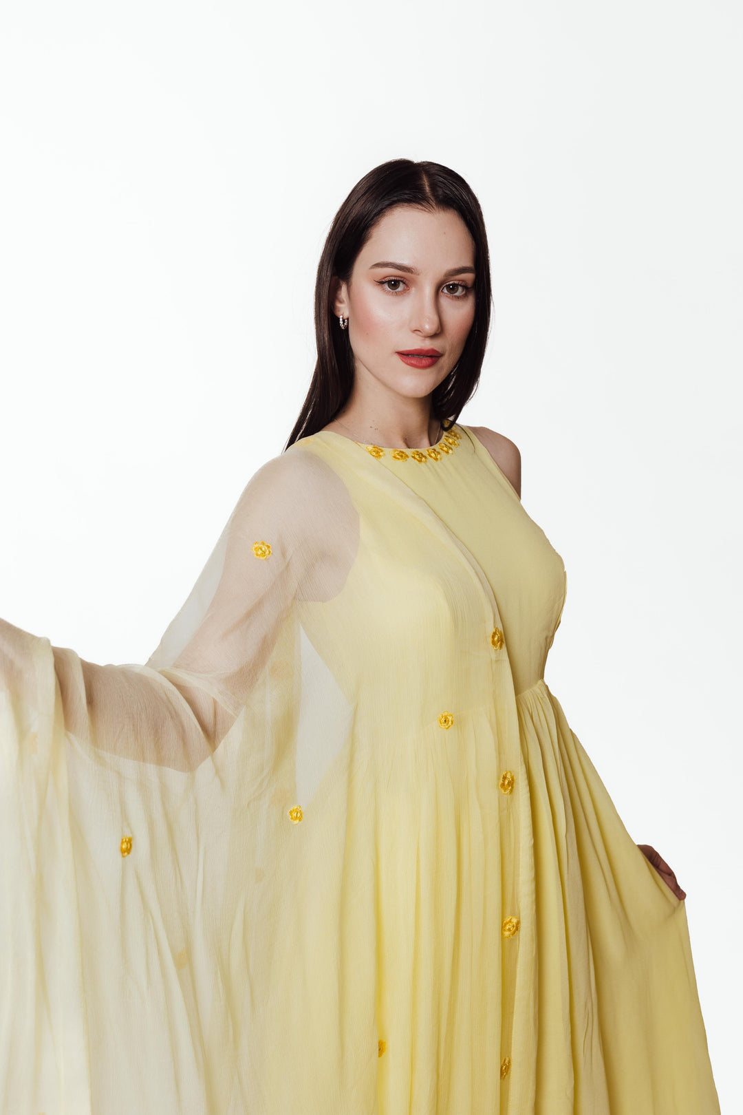 Aveline Yellow Georgette Salwar Kameez with Floral Mirror Trim-Raas USA