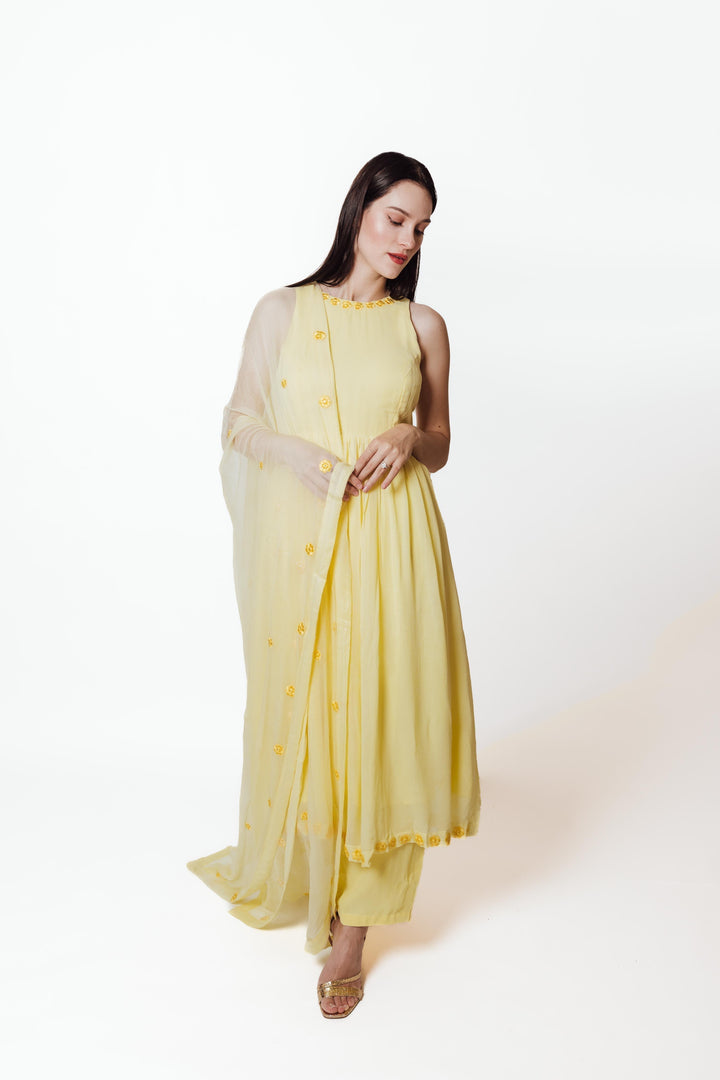 Aveline Yellow Georgette Salwar Kameez with Floral Mirror Trim-Raas