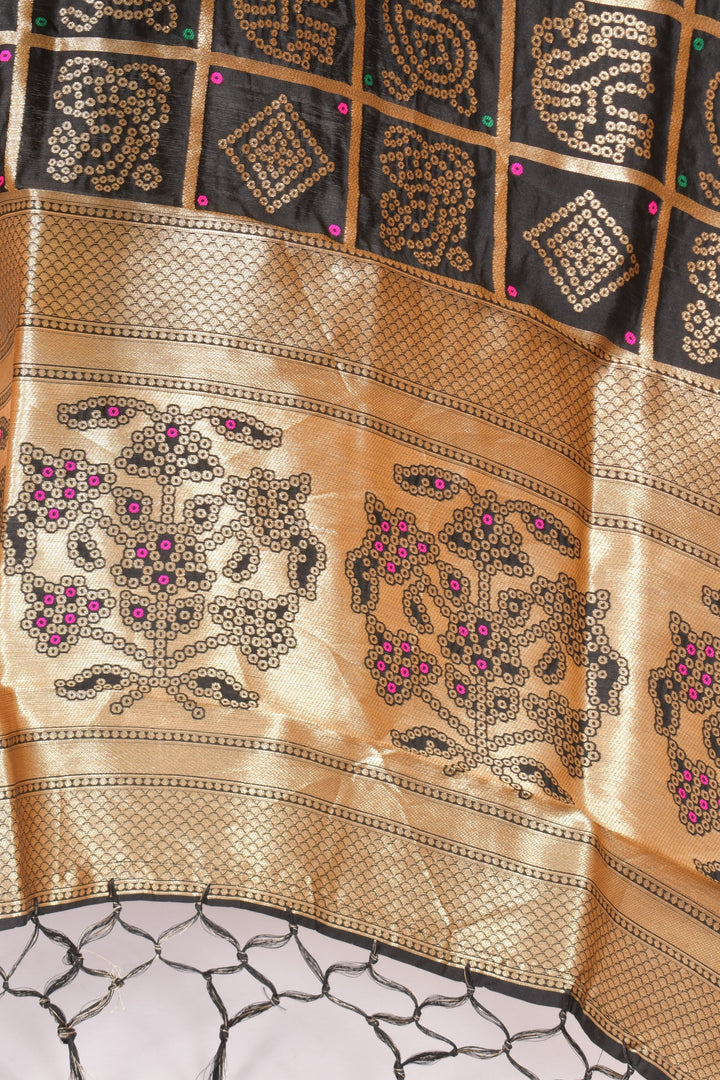 Avni Black Dupatta with Golden Pattern-Raas USA