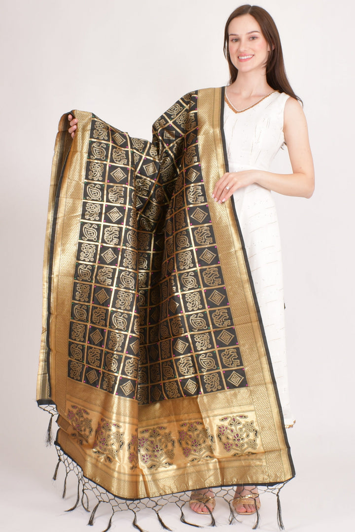 Avni Black Dupatta with Golden Pattern-Raas USA