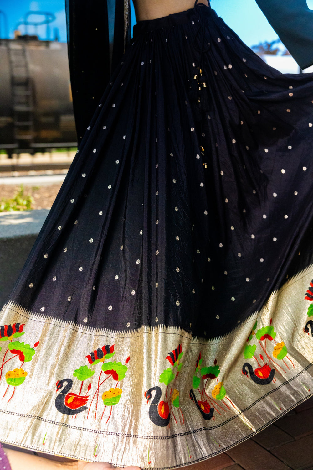 RAAS Azazi Jacquard Black Chaniya Choli Detail Close-up - Sangeet Indian Wedding Lehenga USA