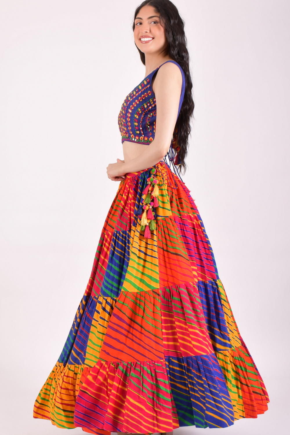 Multicolor Leheriya Tiered Chaniya Choli With Dupatta