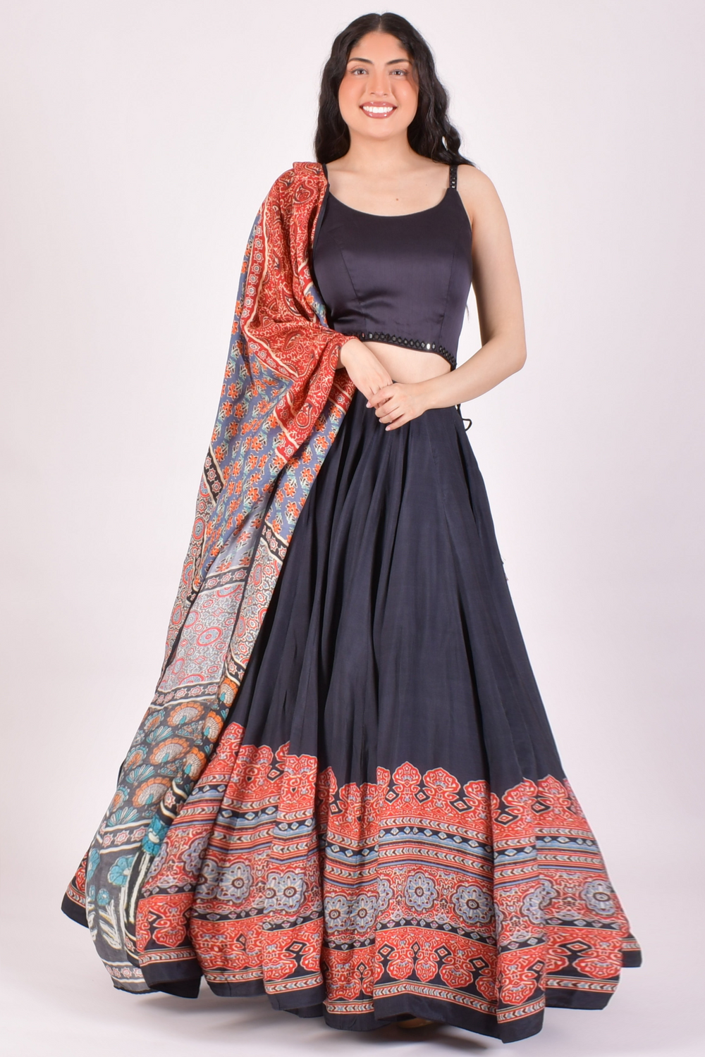 Black Ajrakh Print Chaniya Choli With Dupatta