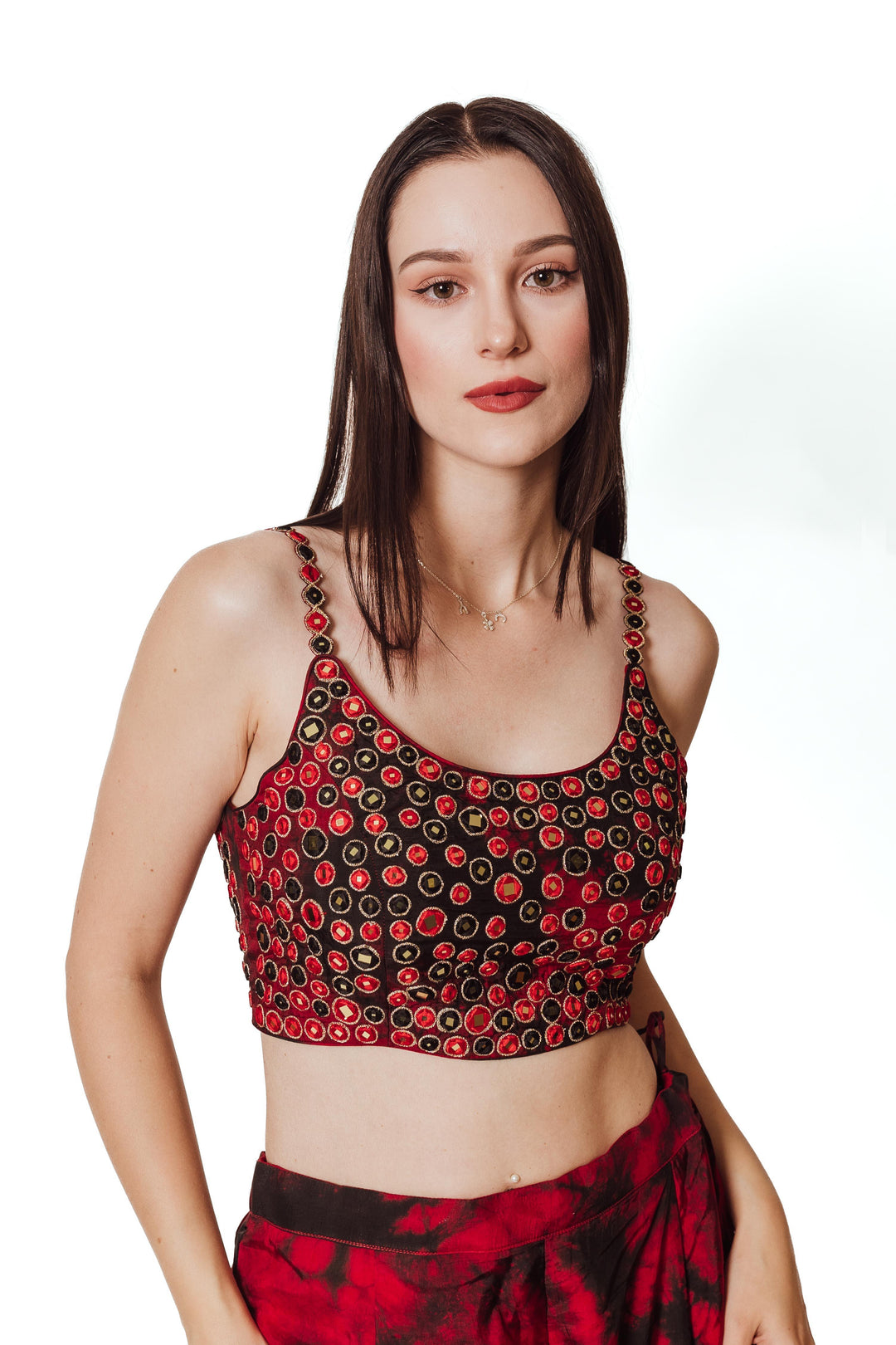 BLR1018 Juliana Lace Up Back Crop Top with Mirror Embroidery-Raas USA