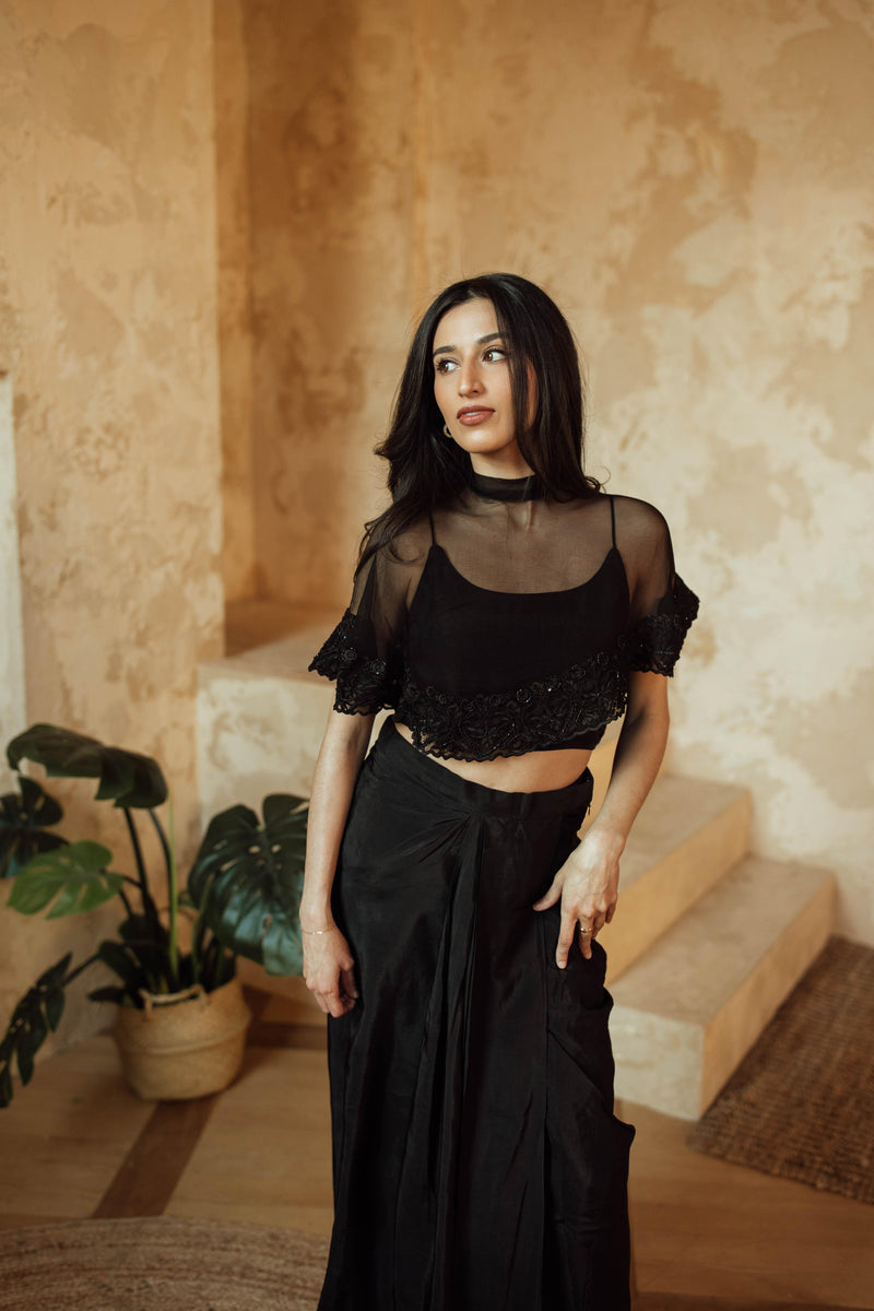 BLR1020 Kai Black Silk Chiffon Cape and Blouse blouse RAAS