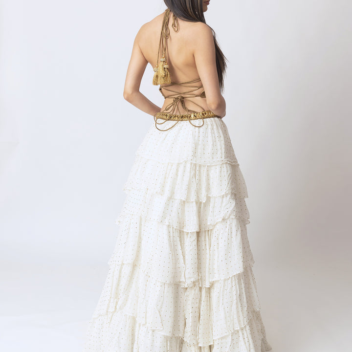 Zaida Gold and White Tiered Lehenga Set