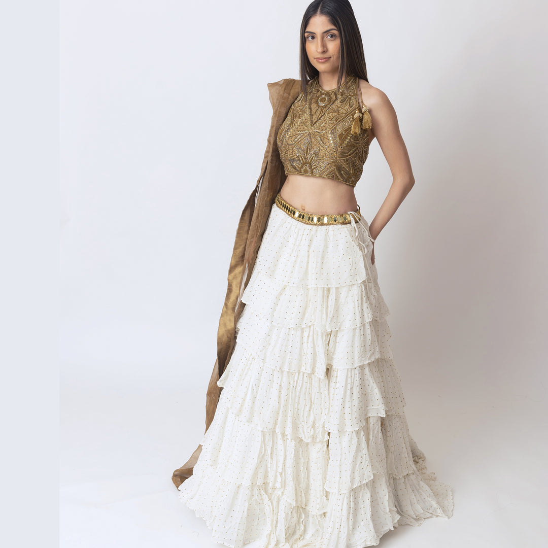 Zaida Gold and White Tiered Lehenga Set