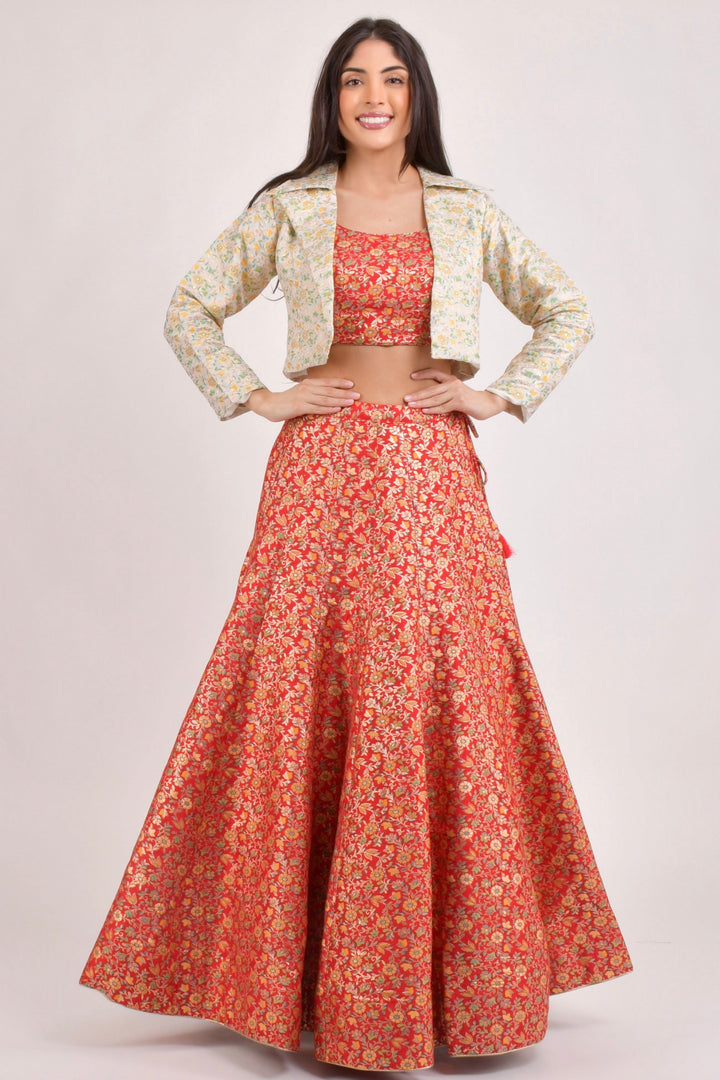 Banarasi Red Lehenga Choli with Jacket-[mehendi outfit]-Raas