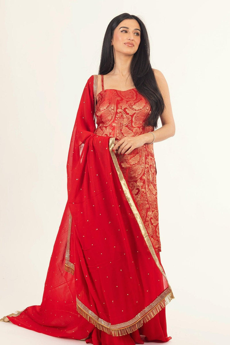 Banarasi Silk Red Salwar Kameez-Raas