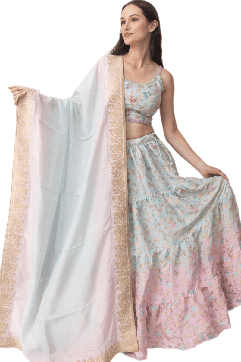 Banarasi silk tie-dye lehenga styled for mehendi and bridal events