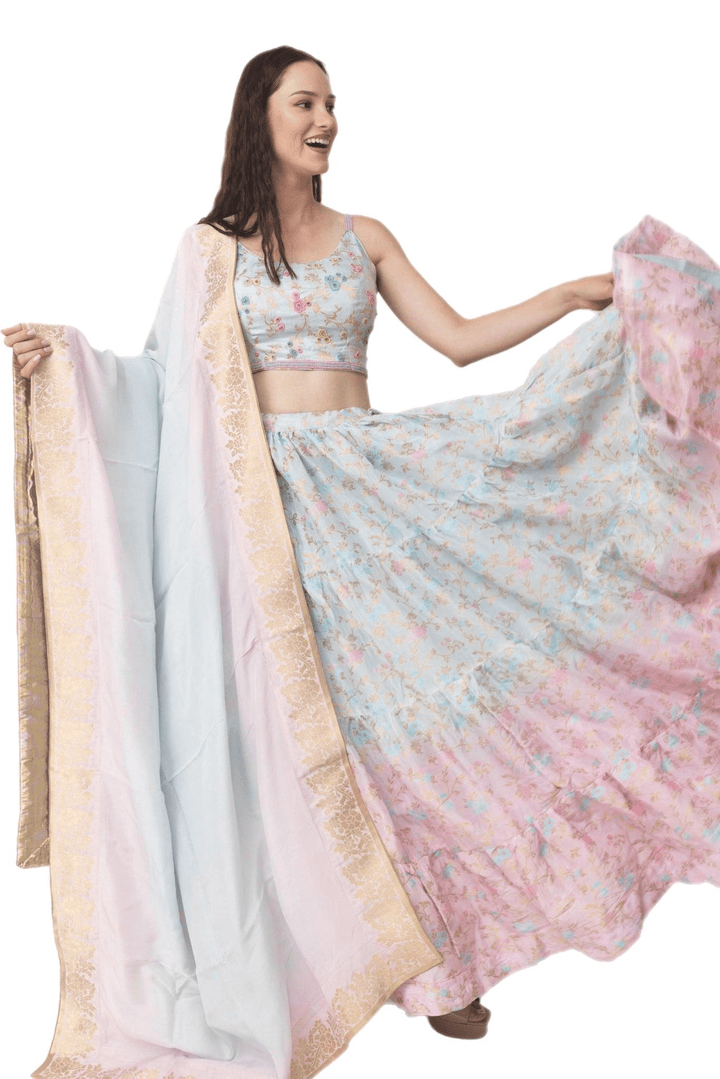Banarasi Silk Tie Dye Lehenga with Hand Embroidered Blouse-Raas USA