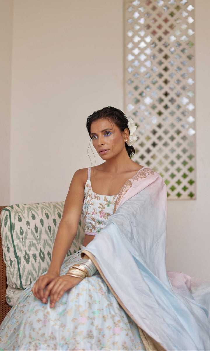 Banarasi Silk Tie Dye Lehenga with Hand Embroidered Blouse-Raas USA