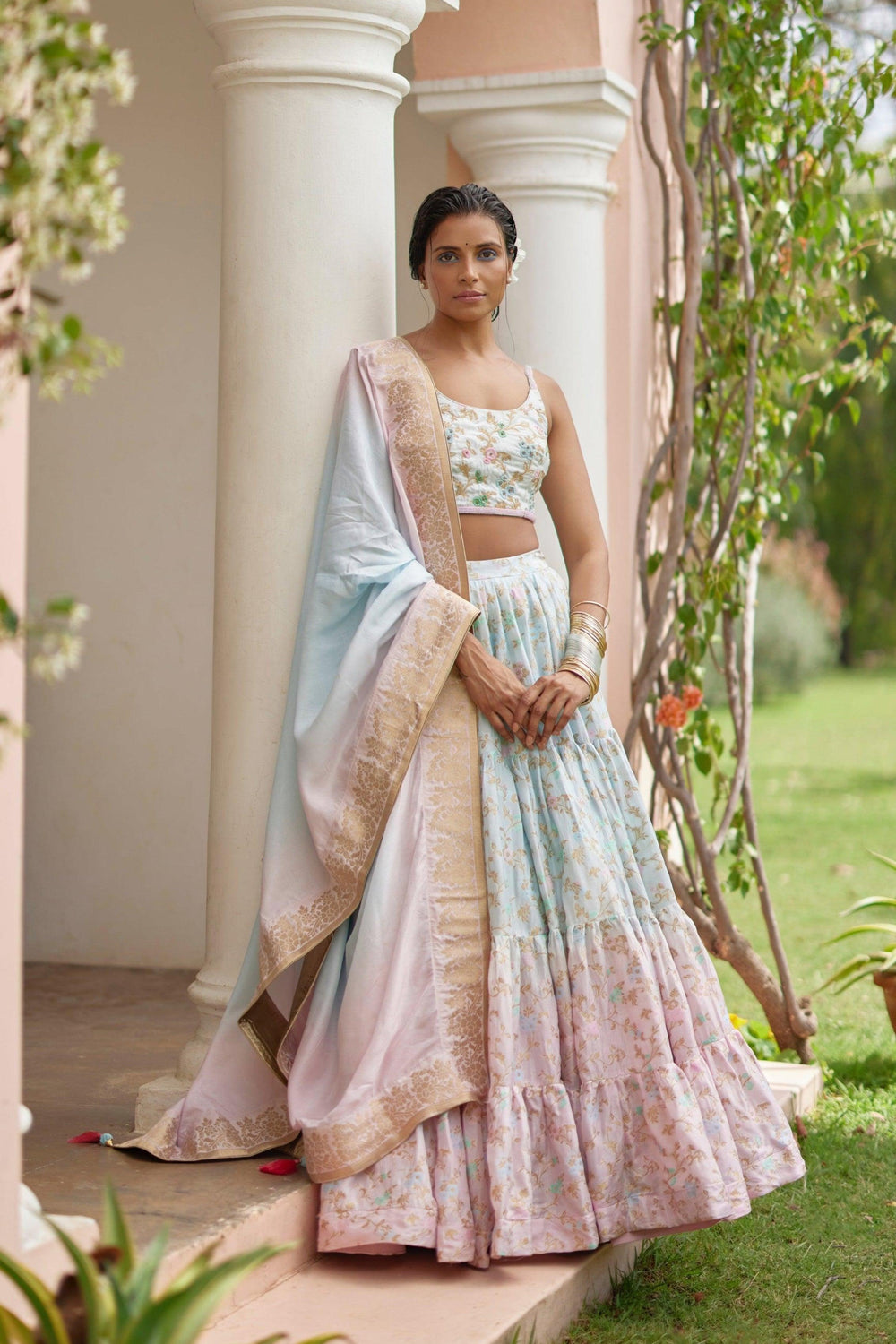 Banarasi Silk Tie Dye Lehenga with Hand Embroidered Blouse-[mehendi outfit]-Raas