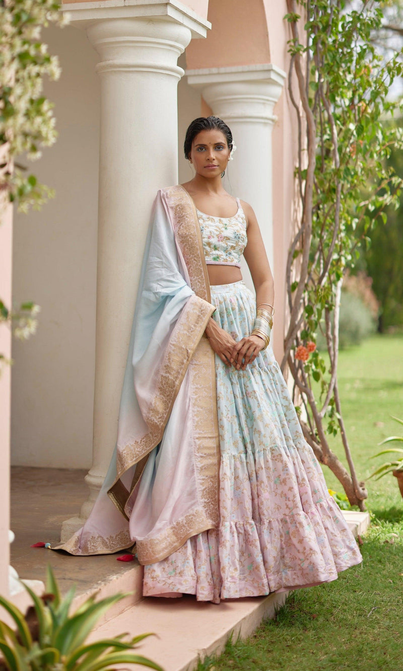 Banarasi Silk Tie Dye Lehenga with Hand Embroidered Blouse-[mehendi outfit]-Raas