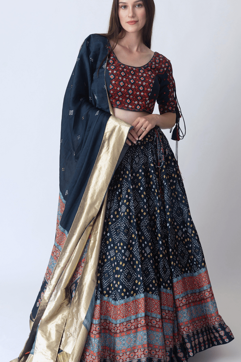 Bandhani & Arakh print lehenga choli with embroidered blouse, perfect for Garba.