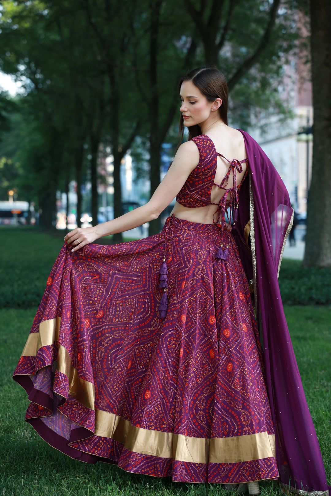 Bandhani Print Wine Lehenga Choli Set With One Shoulder Blouse-[mehendi outfit]-Raas