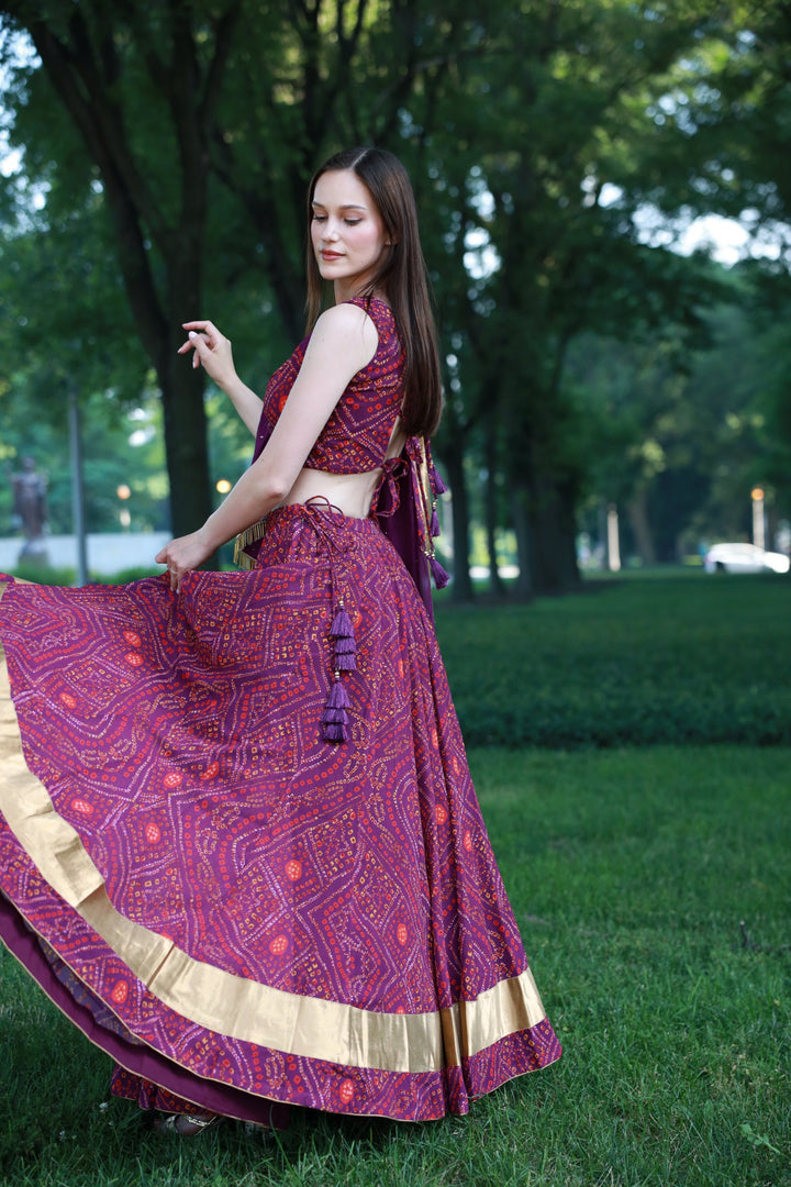 Bandhani Print Wine Lehenga Choli Set With One Shoulder Blouse-[mehendi outfit]-Raas