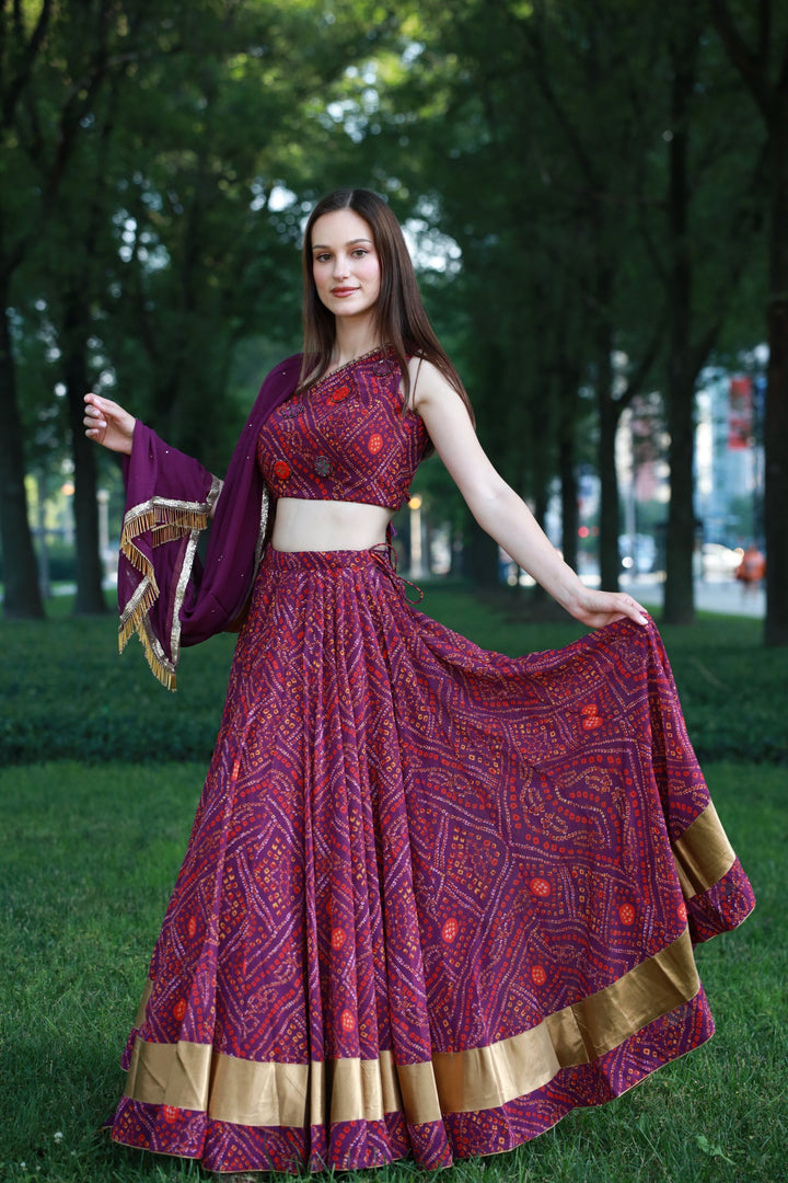 Bandhani Print Wine Lehenga Choli Set With One Shoulder Blouse-[mehendi outfit]-Raas