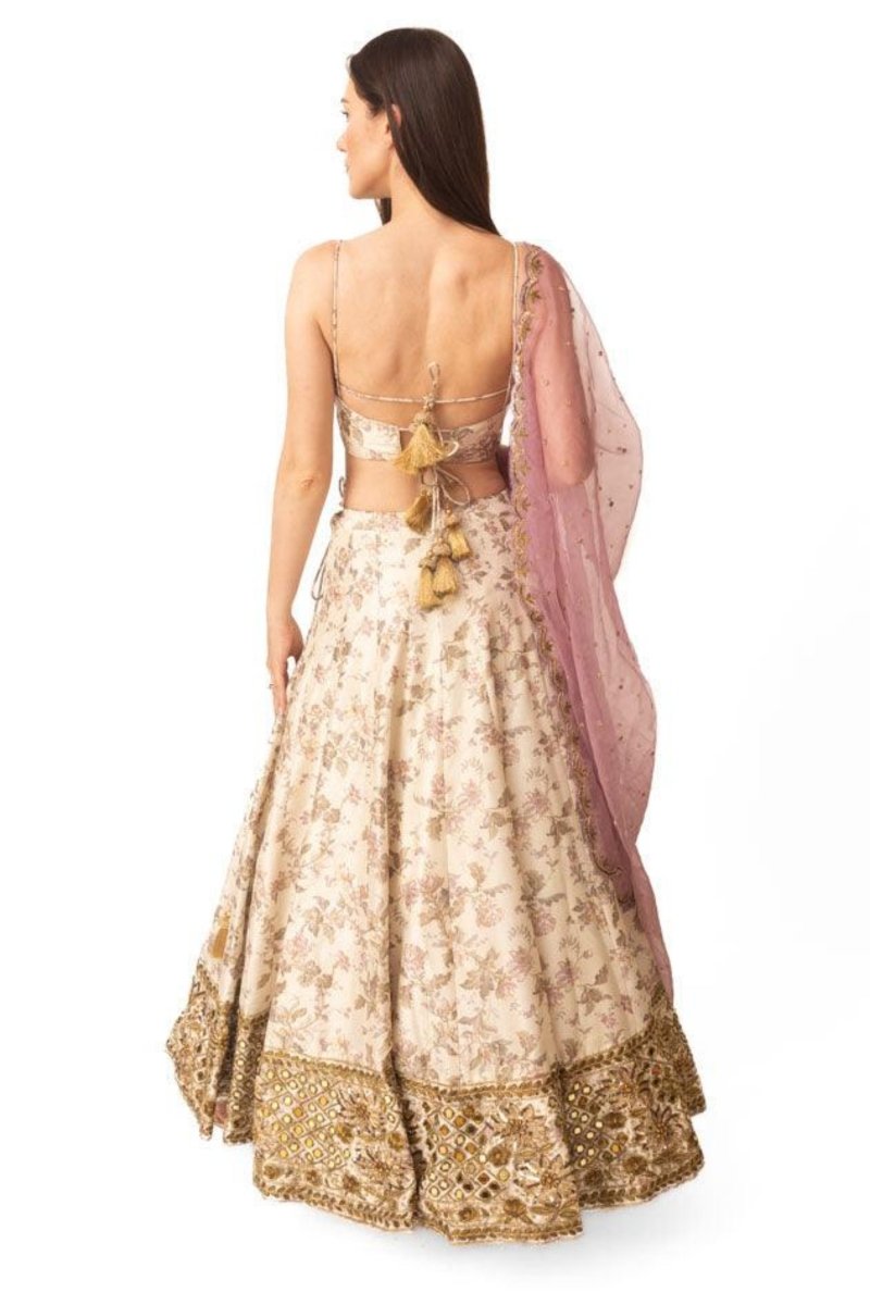 Beige Floral Lehenga Choli with Mirror Work - Ready-to-Ship Designer Wedding Wear USA-[bridal_lehenga]-Raas