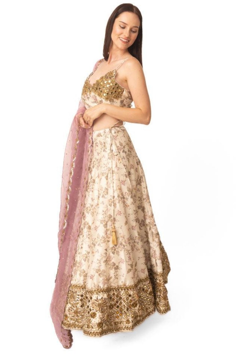 Beige Floral Lehenga Choli with Mirror Work - Ready-to-Ship Designer Wedding Wear USA-[bridal_lehenga]-Raas