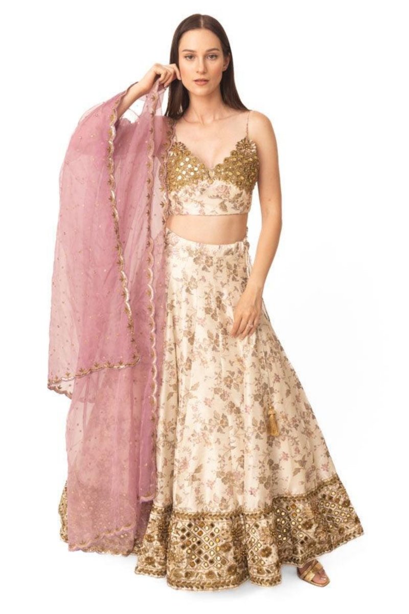 Beige Floral Lehenga Choli with Mirror Work - Ready-to-Ship Designer Wedding Wear USA-[bridal_lehenga]-Raas