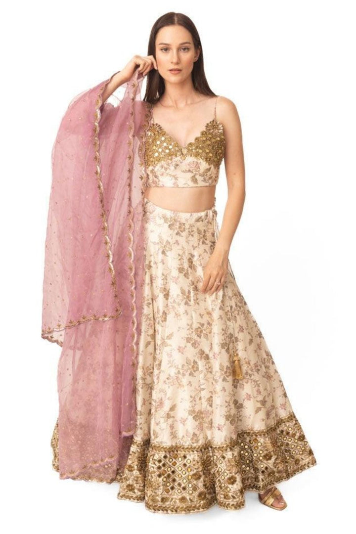 Beige Floral Lehenga Choli with Mirror Work - Ready-to-Ship Designer Wedding Wear USA-[bridal_lehenga]-Raas