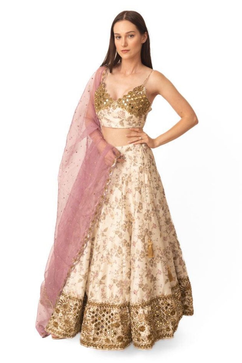 Beige Floral Lehenga Choli with Mirror Work - Ready-to-Ship Designer Wedding Wear USA-[bridal_lehenga]-Raas