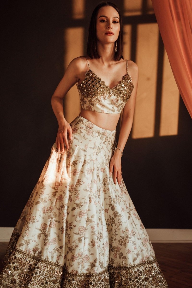 Beige Floral Lehenga Choli with Mirror Work - Ready-to-Ship Designer Wedding Wear USA-[bridal_lehenga]-Raas